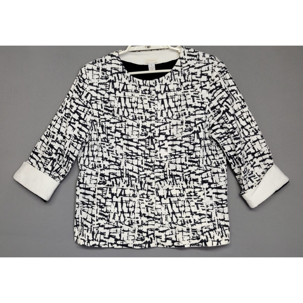Chicos Blazer Jacket Womens 1 (Sz-Medium) Blue White Texture 3/4 Sleeves Pockets